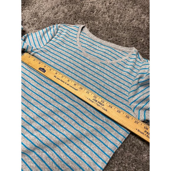 New Directions Women Large Pull Over Top Long Sleeve Gray Teal Blue Stripes Soft - Picture 6 of 8